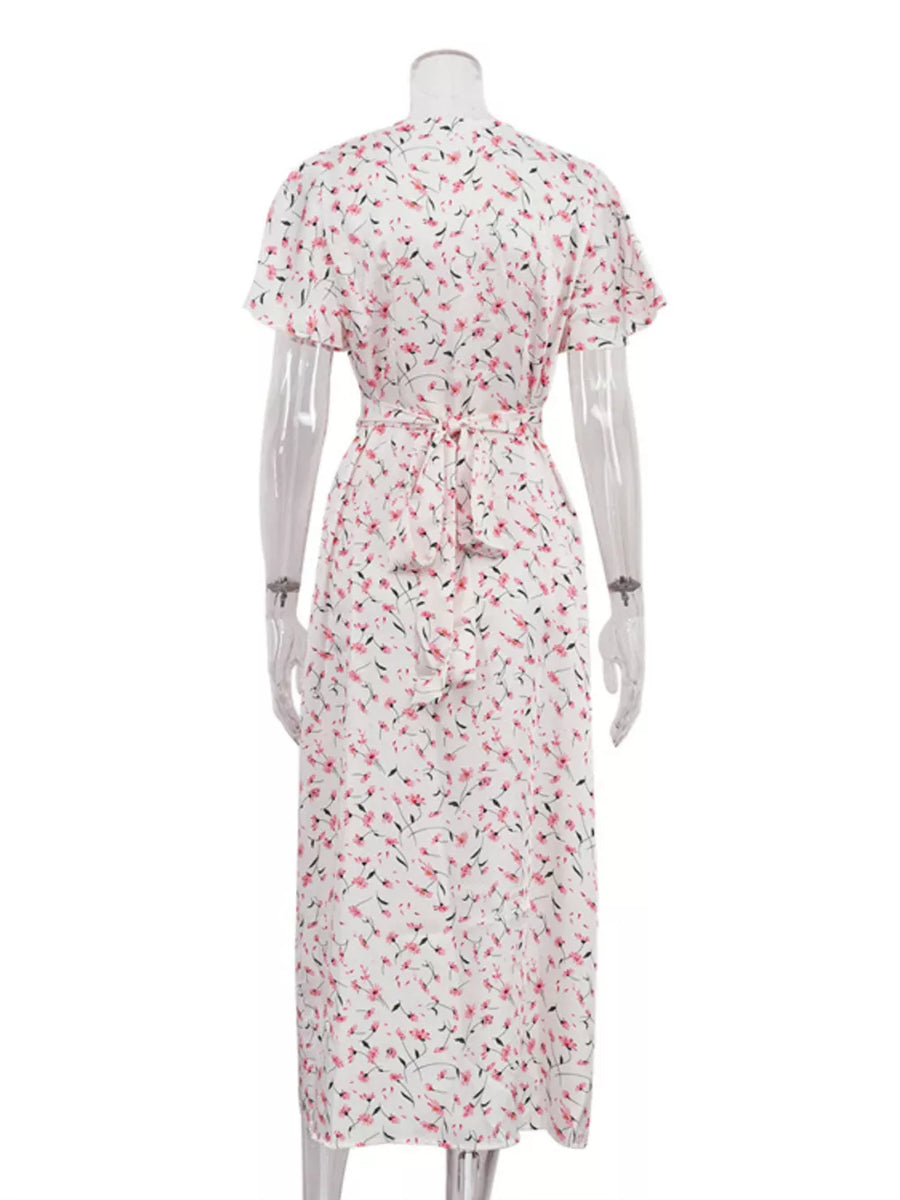 White floral print midi dress with short sleeves and tie waist