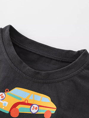 Black cotton blend t-shirt with a colorful racing car graphic and number 30 details.