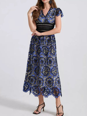 Blue floral lace midi dress with V-neck, short sleeves, and black waistband.