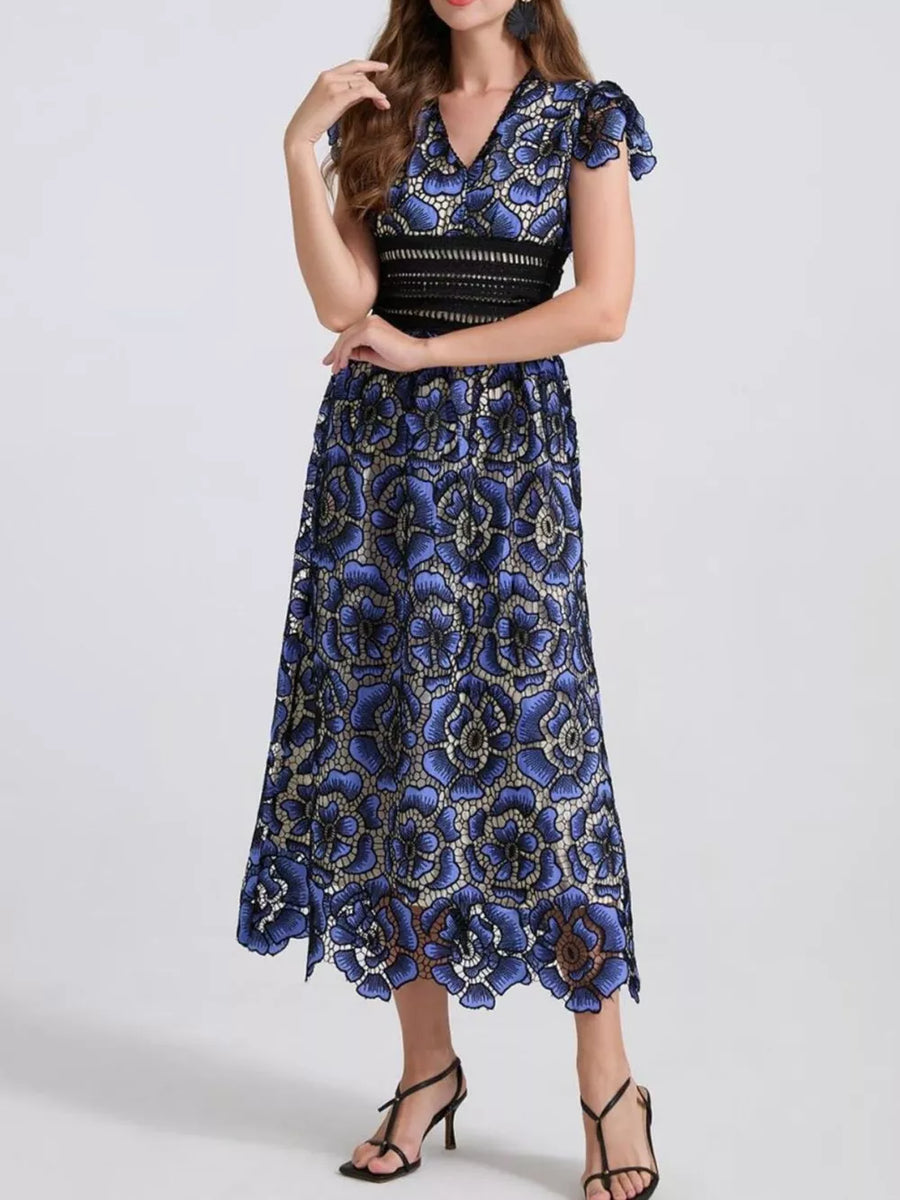 Blue floral lace midi dress with V-neck, short sleeves, and black waistband.