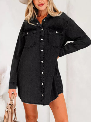 Black denim button-up dress with raw hem and chest pockets.