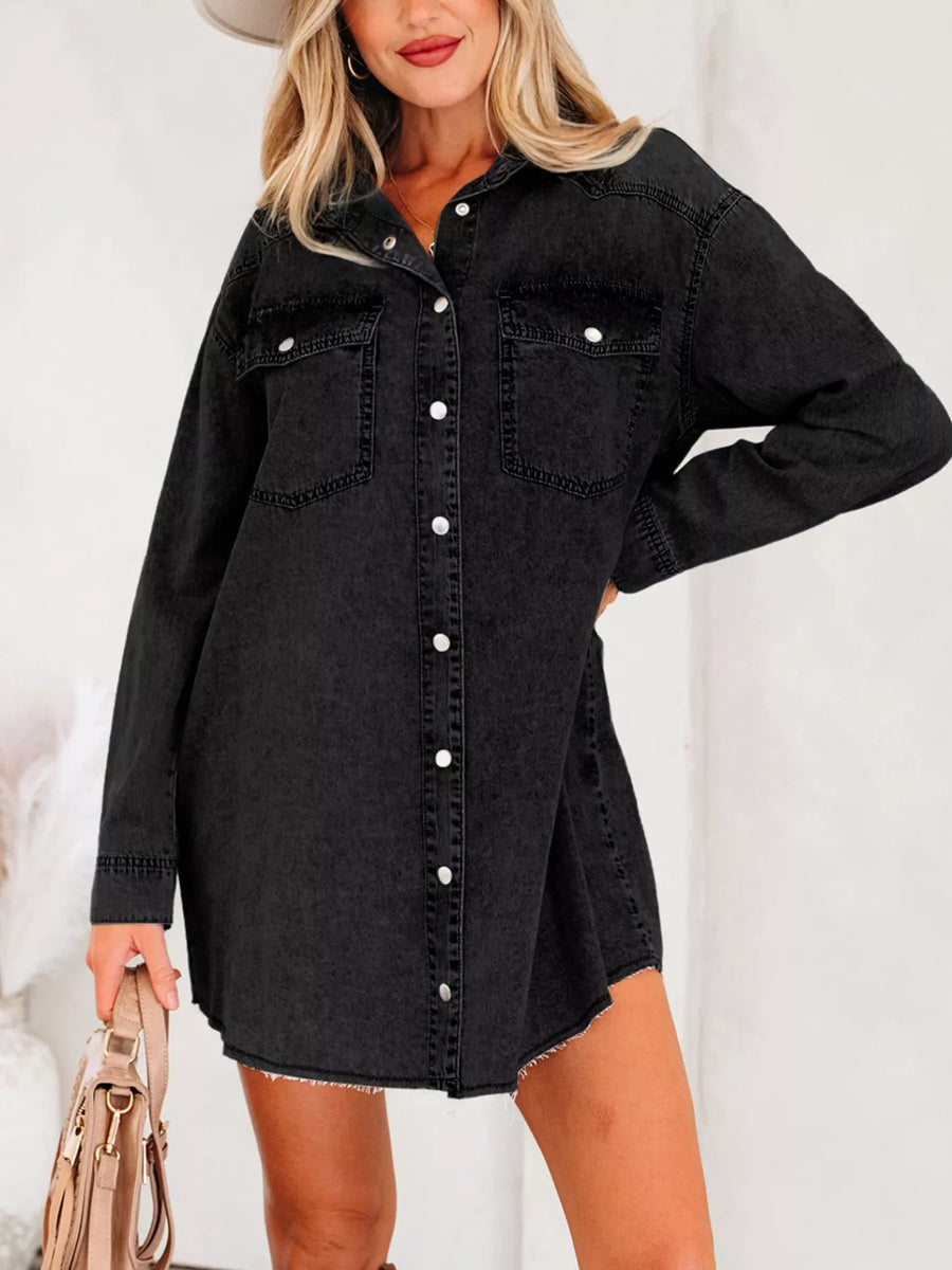 Black denim button-up dress with raw hem and chest pockets.