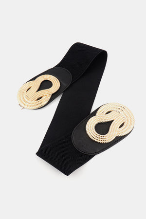 Black elastic belt with gold knotted buckle detail and black faux leather accents.