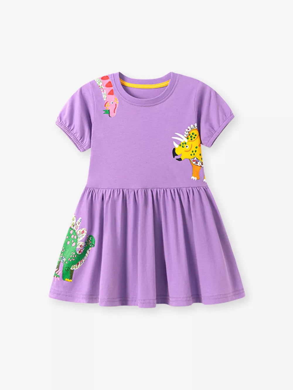 Purple cotton toddler dress with crew neck, short sleeves, and dinosaur print.