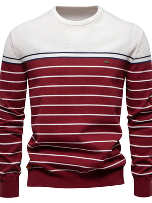 Burgundy and white striped crewneck sweater with a textured white yoke and navy trim.