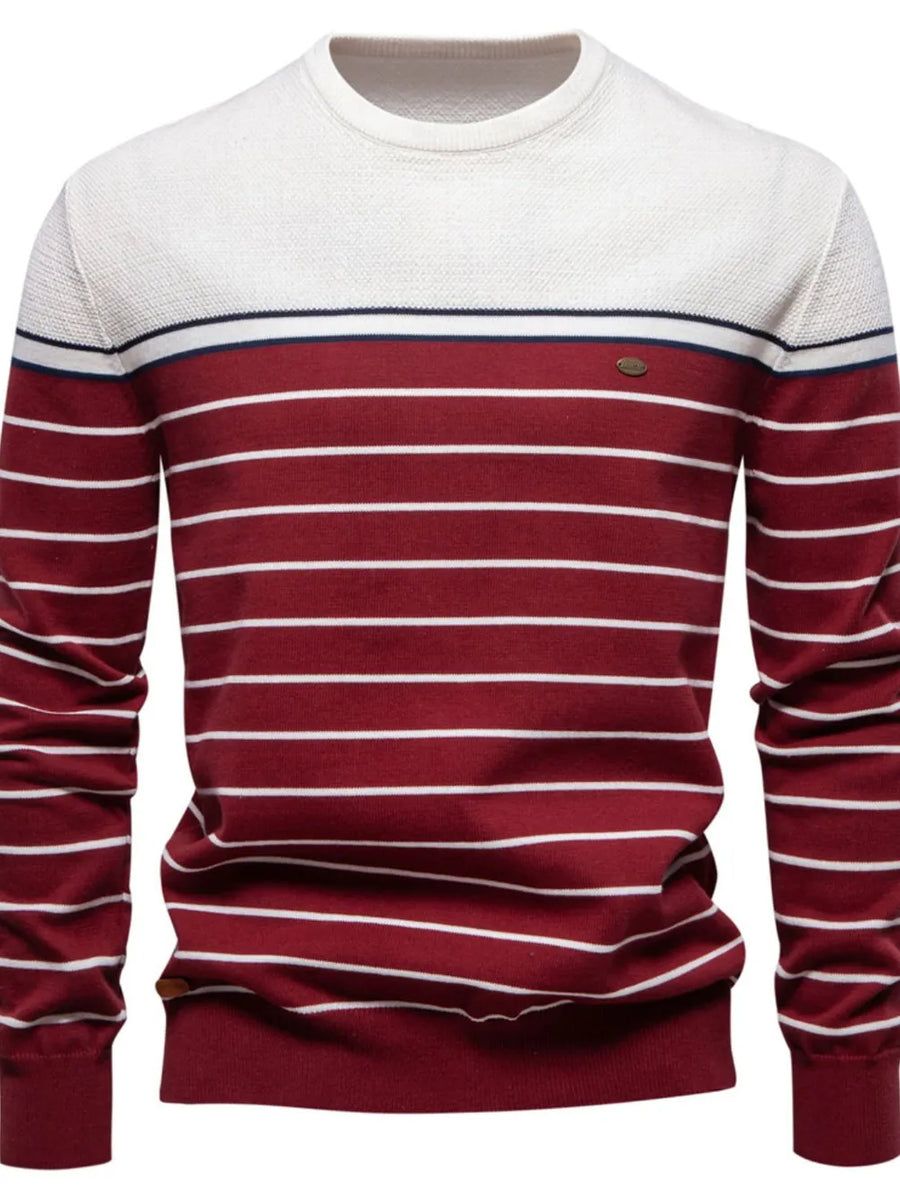 Burgundy and white striped crewneck sweater with a textured white yoke and navy trim.