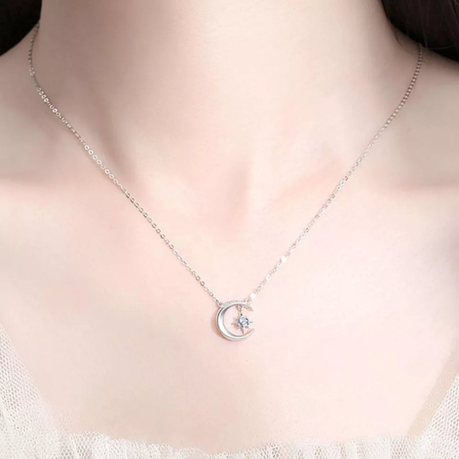 Celestial Moissanite Crescent Necklace with star charm, silver chain.