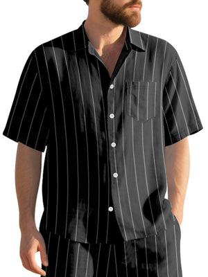 Black striped camp collar cotton shirt with short sleeves and a chest pocket.
