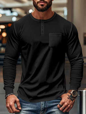 Black long sleeve henley t-shirt with chest pocket and button placket.