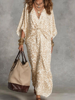 tan maxi dress featuring v-neck and leopard