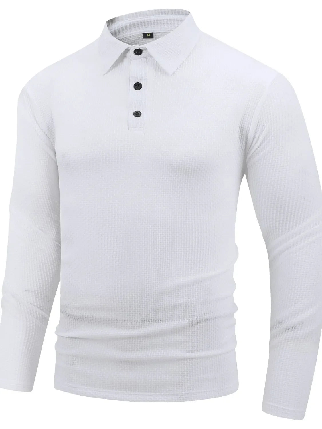 White textured long sleeve polo shirt with articulated sleeves and buttoned placket.