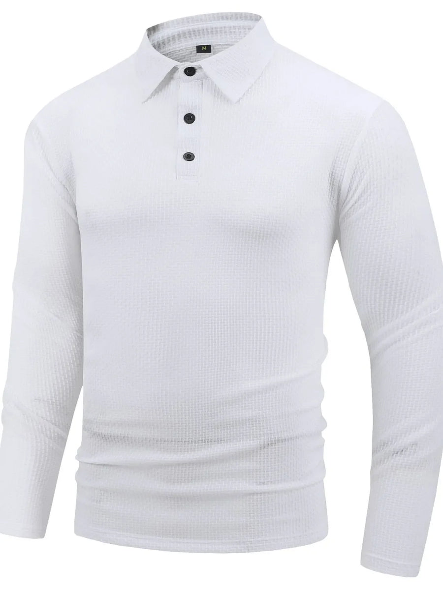 White textured long sleeve polo shirt with articulated sleeves and buttoned placket.