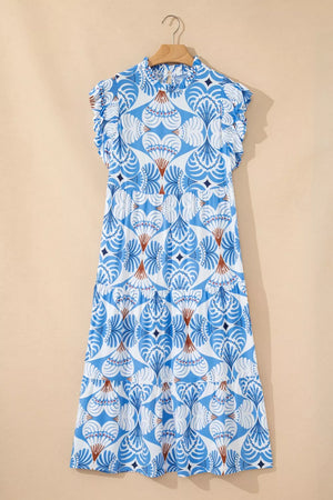 Botanic print ruffled flutter sleeve midi dress with mock neck and tiered skirt.