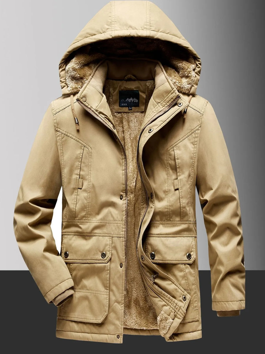 Men's Khaki fleece lined hooded coat with multiple pockets and zipper closure.