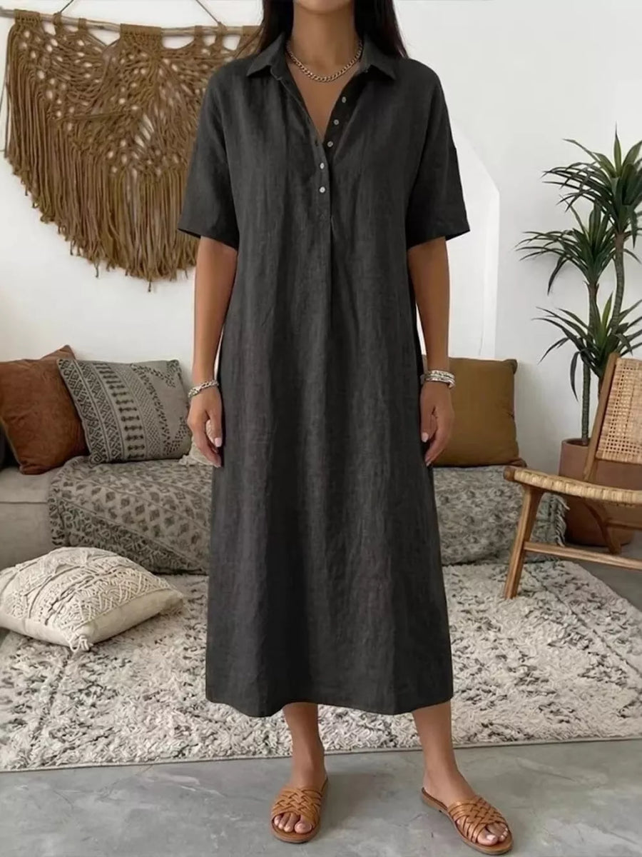 Blue Full Size Button Detail Half Sleeve Dress Plus Size