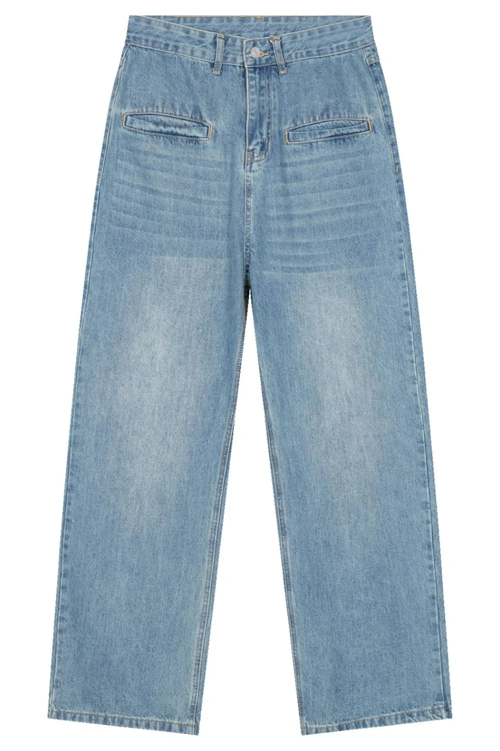 Light blue denim cargo pants with a relaxed fit and front flap pockets.