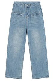 Light blue denim cargo pants with a relaxed fit and front flap pockets.