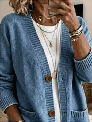 Casual V-Neck Button-Down Knit Cardigan in Army Green with buttoned