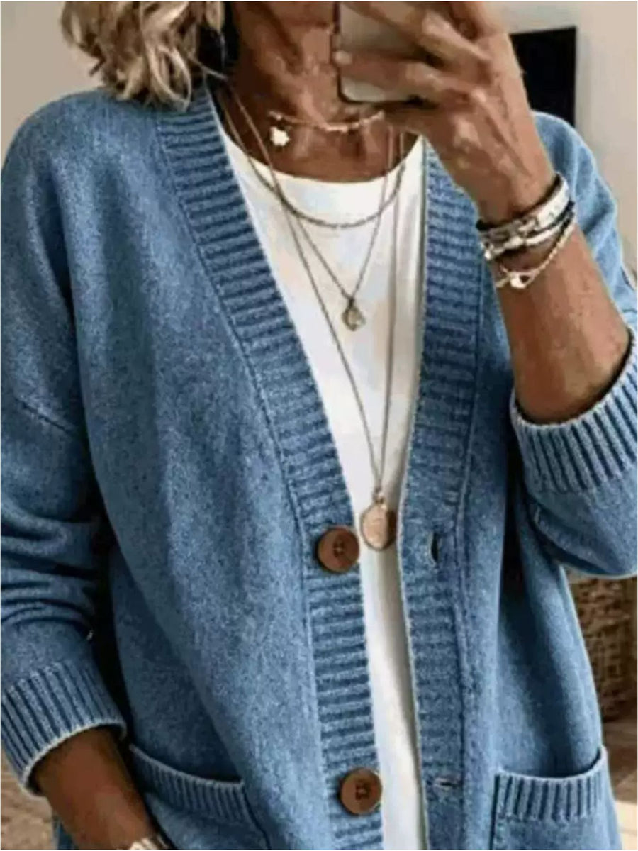 Casual V-Neck Button-Down Knit Cardigan in Army Green with buttoned