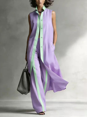 Purple Sleeveless Longline Vest And Wide-leg Pants Set
