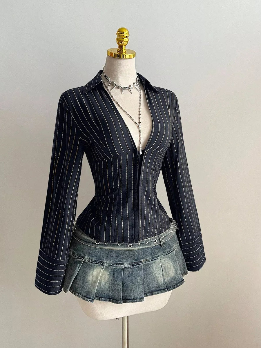 Black Striped Long Sleeve Fitted Blouse