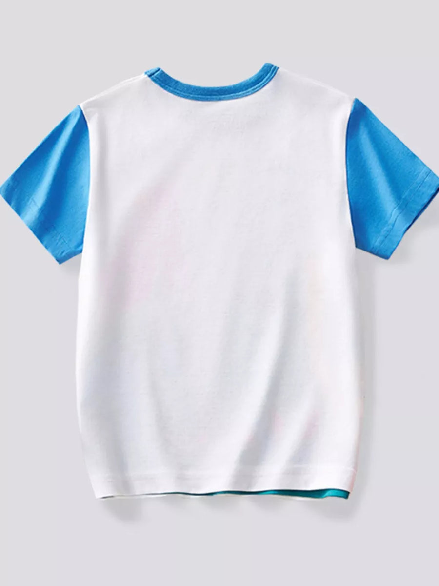 White t-shirt with blue sleeves and crew neck