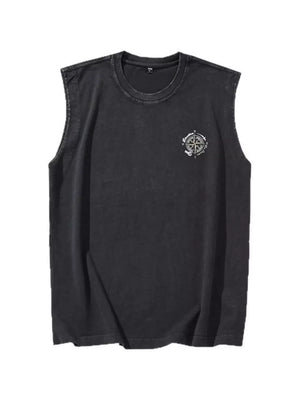 Black oversized cotton tank top with round neck and compass graphic