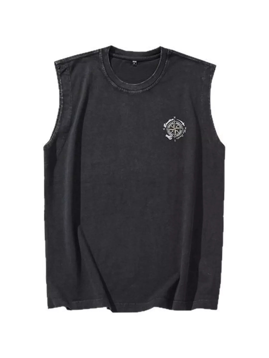 Black oversized cotton tank top with round neck and compass graphic