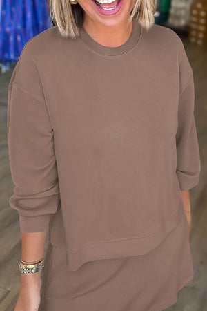 taupe lounge set with mini and pullover