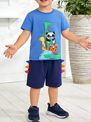 Blue cotton tee with animal print and navy shorts with colorful spikes.