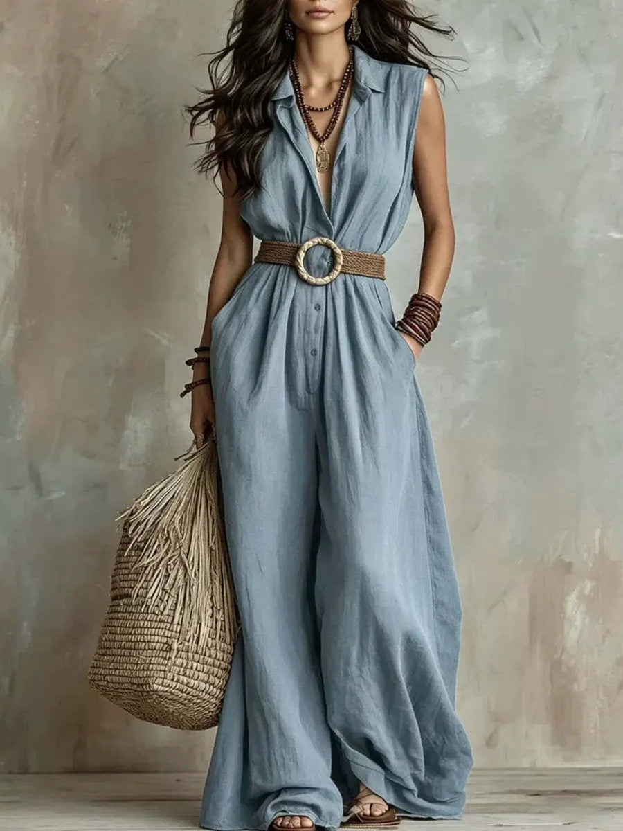 Full Size Sleeveless Wide Leg Jumpsuit Plus Size in Blue