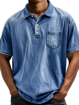 Blue acid wash relaxed fit polo shirt with short sleeves and chest pocket.