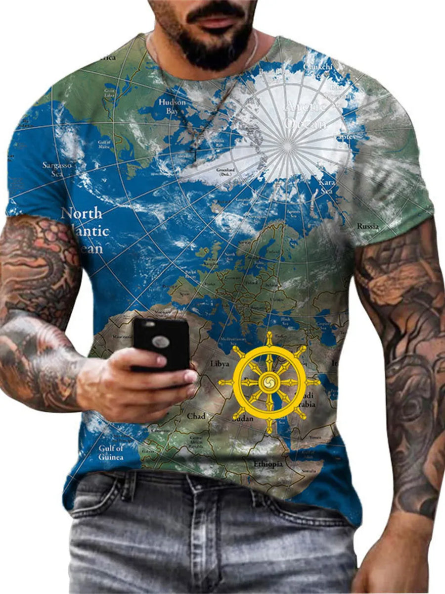 Men's graphic t-shirt in gray with a full-coverage world map and compass design.