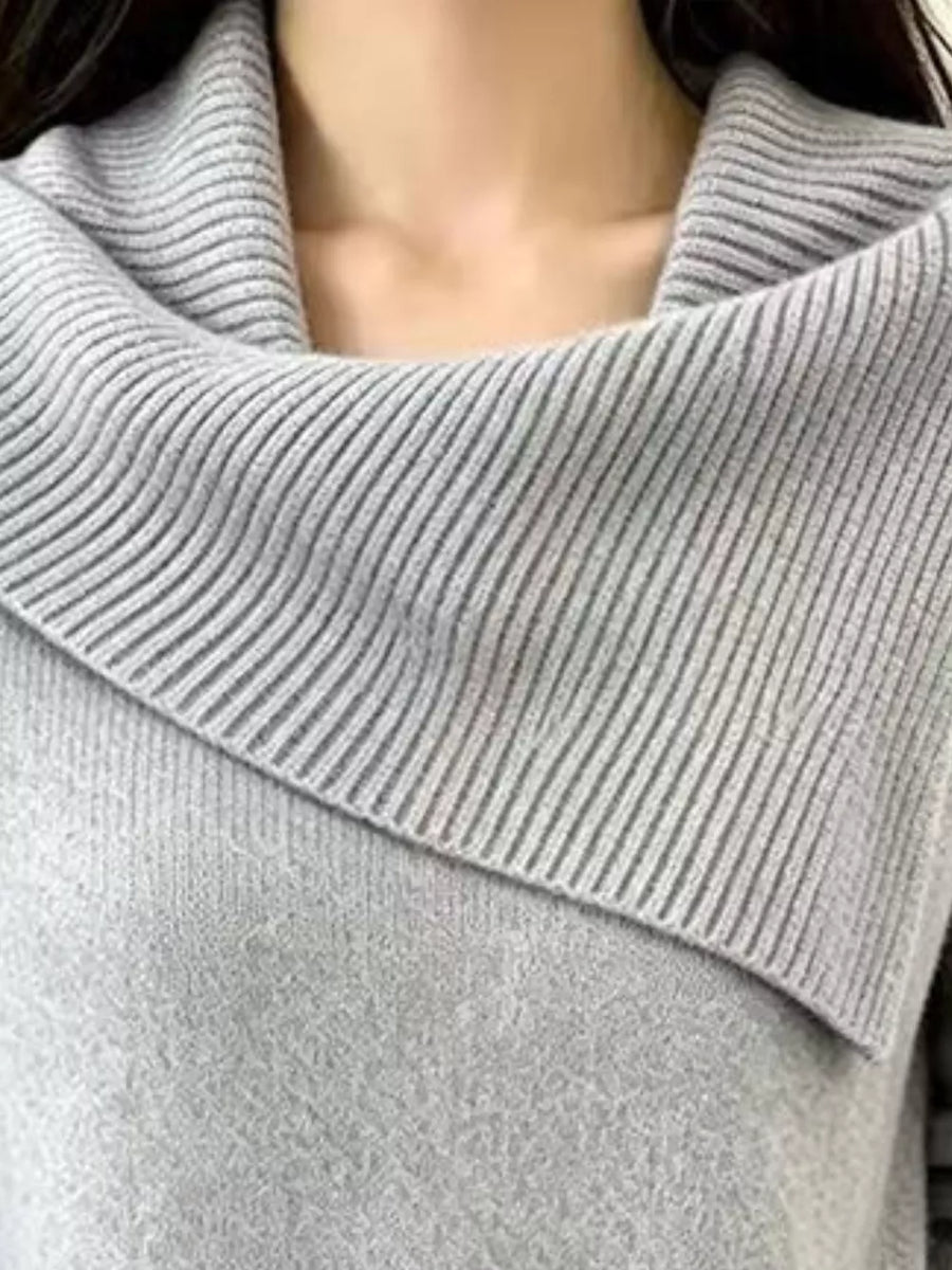 Asymmetric Ribbed Collar Sweater Plus Size in Black with ribbed collar
