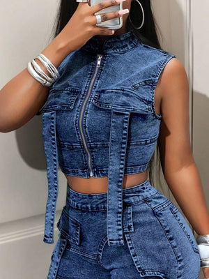 Red with Sleeveless Zip-up Denim Crop Top