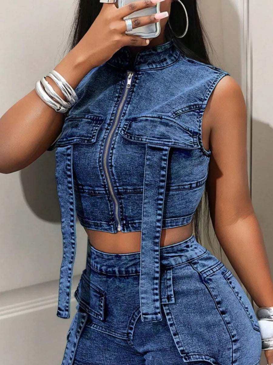 Red with Sleeveless Zip-up Denim Crop Top