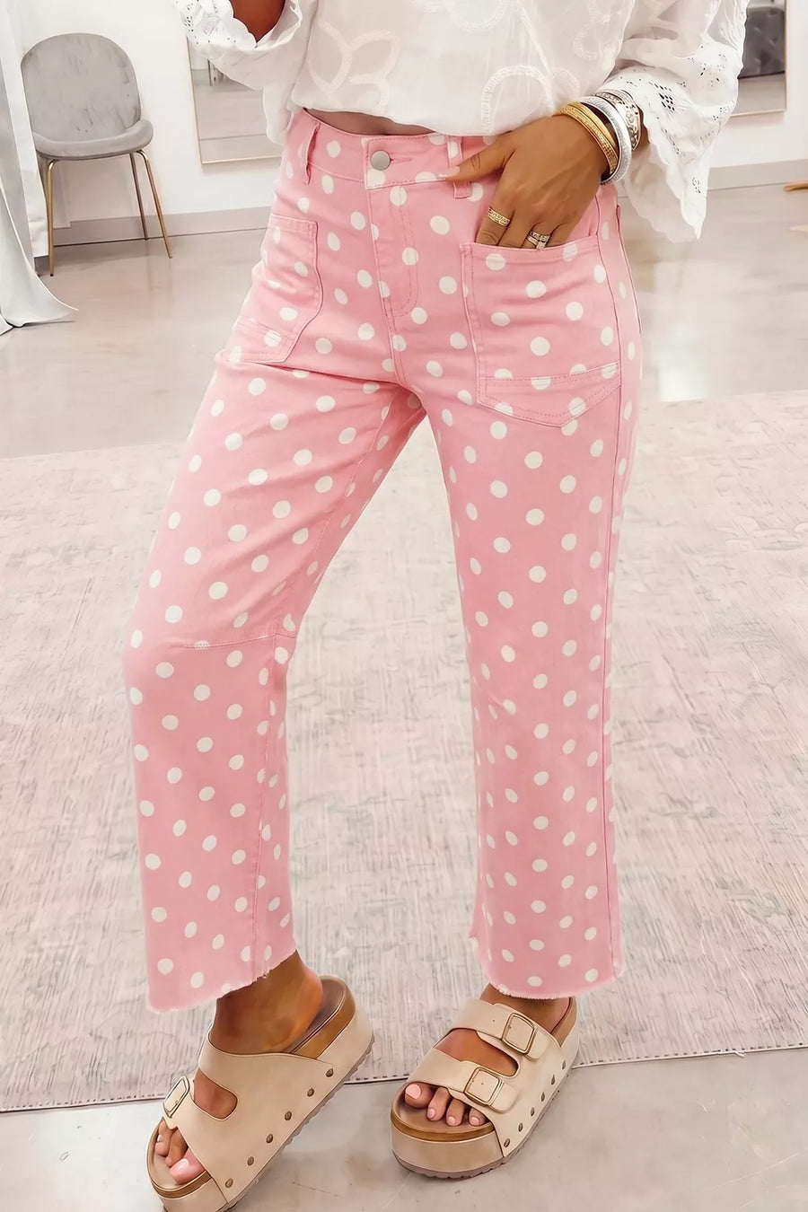 Blush Pink with Polka Dot Wide Leg Jeans