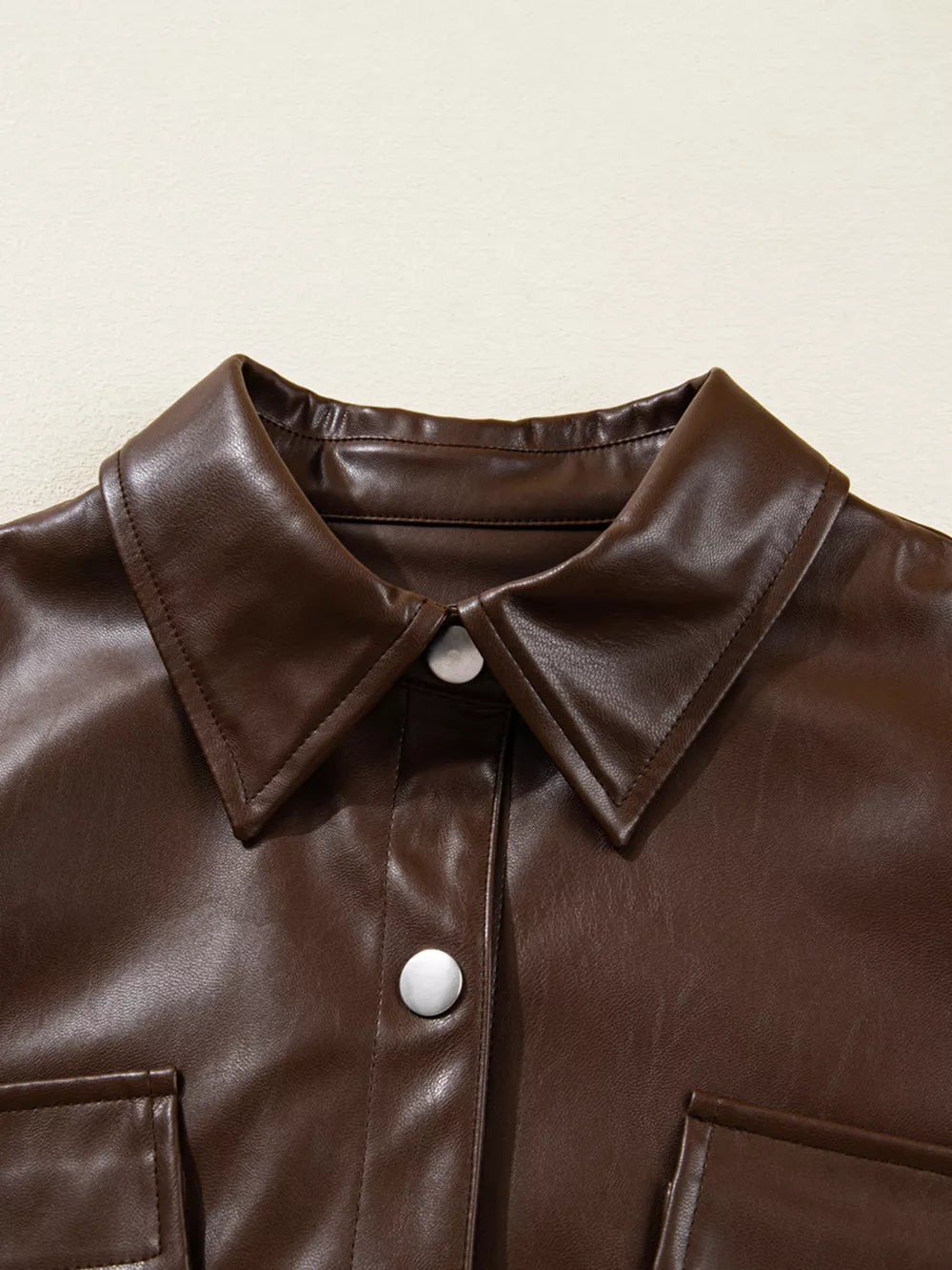 Double Flap Pocket Drawstring Hem Leather Jacket in Dark Brown with flap pockets