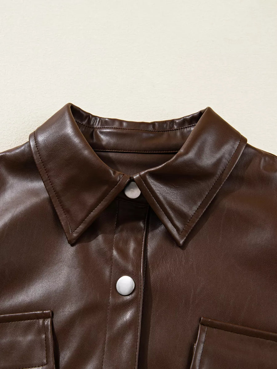 Double Flap Pocket Drawstring Hem Leather Jacket in Dark Brown with flap pockets