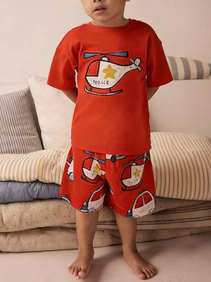 Toddler red cotton helicopter graphic t-shirt and shorts set