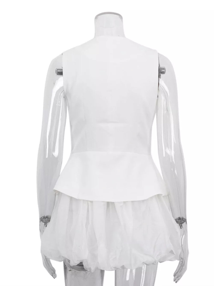 White sleeveless peplum top with sheer bubble hem skirt