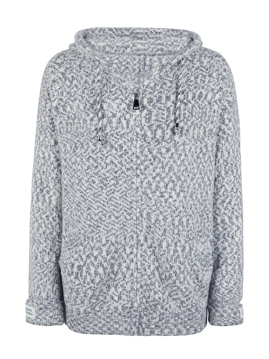 Textured knit zip-up hoodie in charcoal with drawstring hood and logo detail on zipper pull.