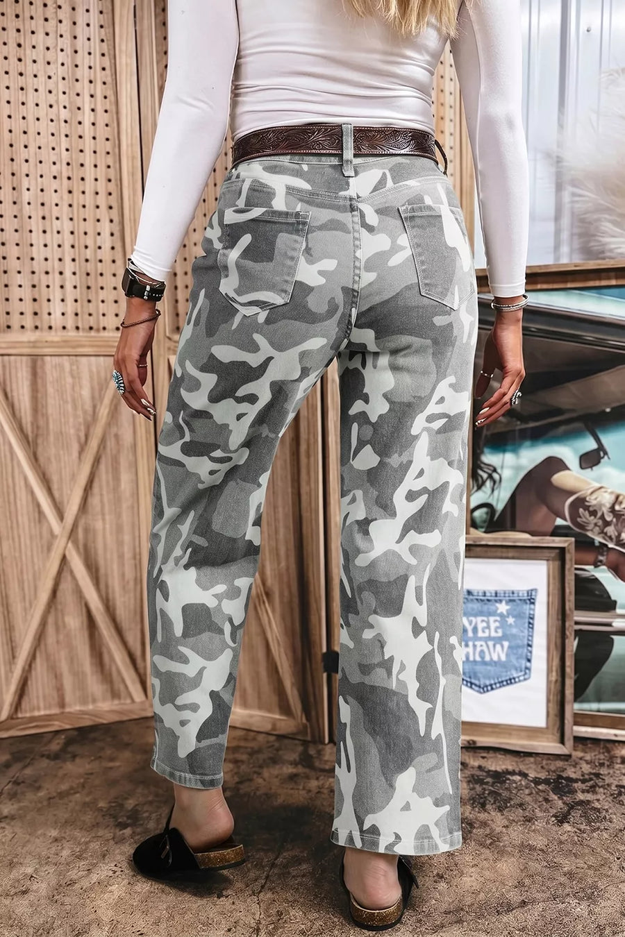 Sage with Camo Pattern Cotton Denim Shift Jeans in Sage