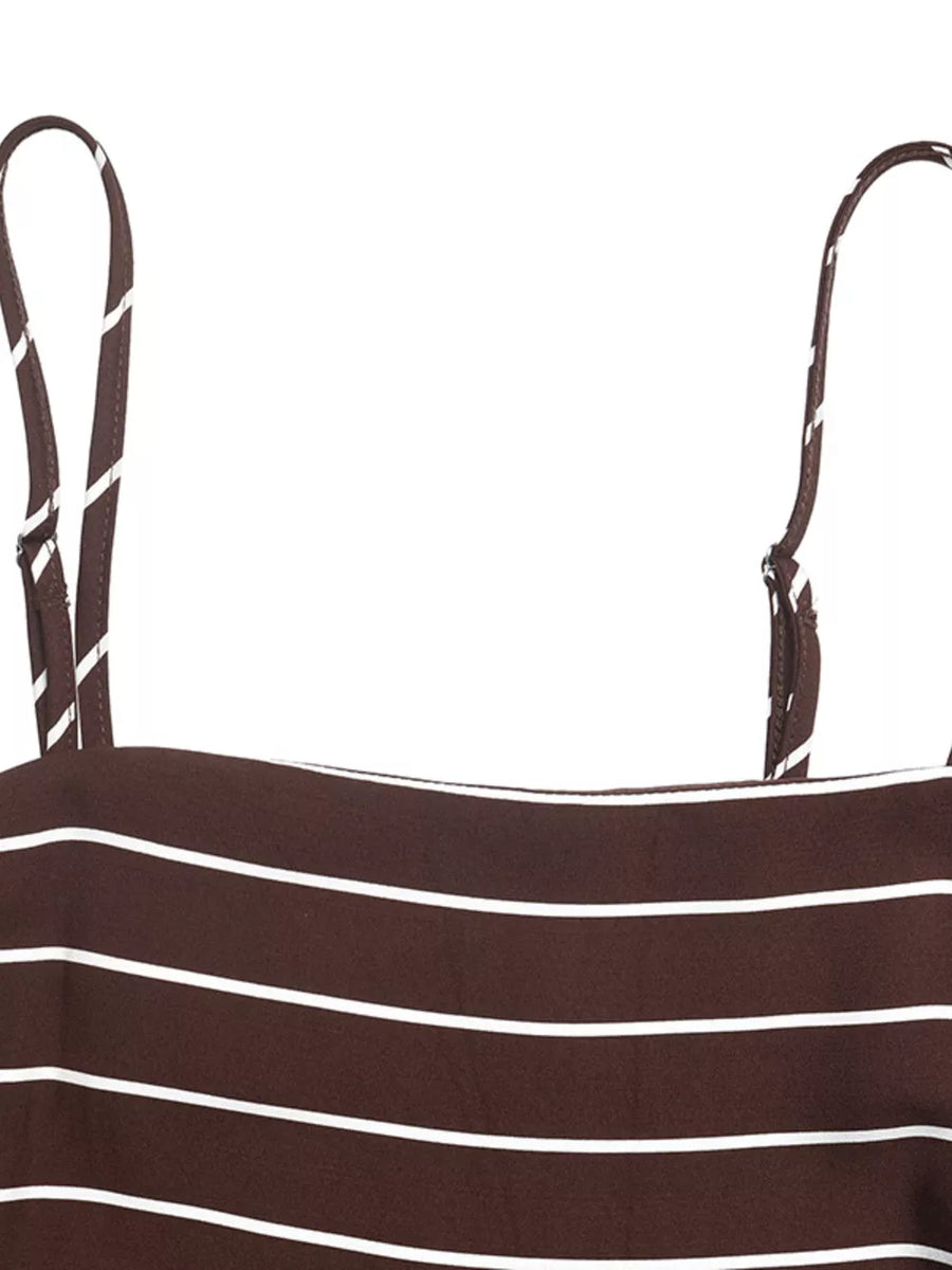 Brown striped maternity swim dress with adjustable spaghetti straps and smocked detail.