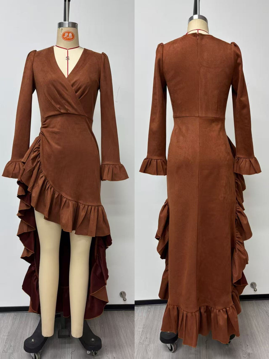 brown wrap dress with maxi and wrap