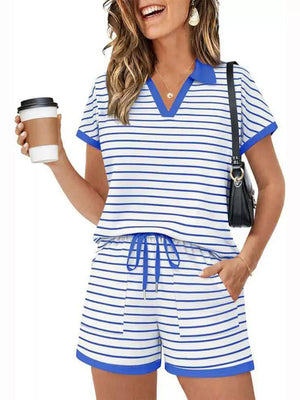 Blue striped polo shirt and drawstring shorts loungewear set with pockets.