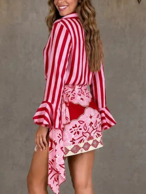 pink shirt and skirt set featuring buttoned and striped
