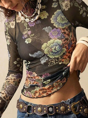 crop top in dark brown with floral and sheer