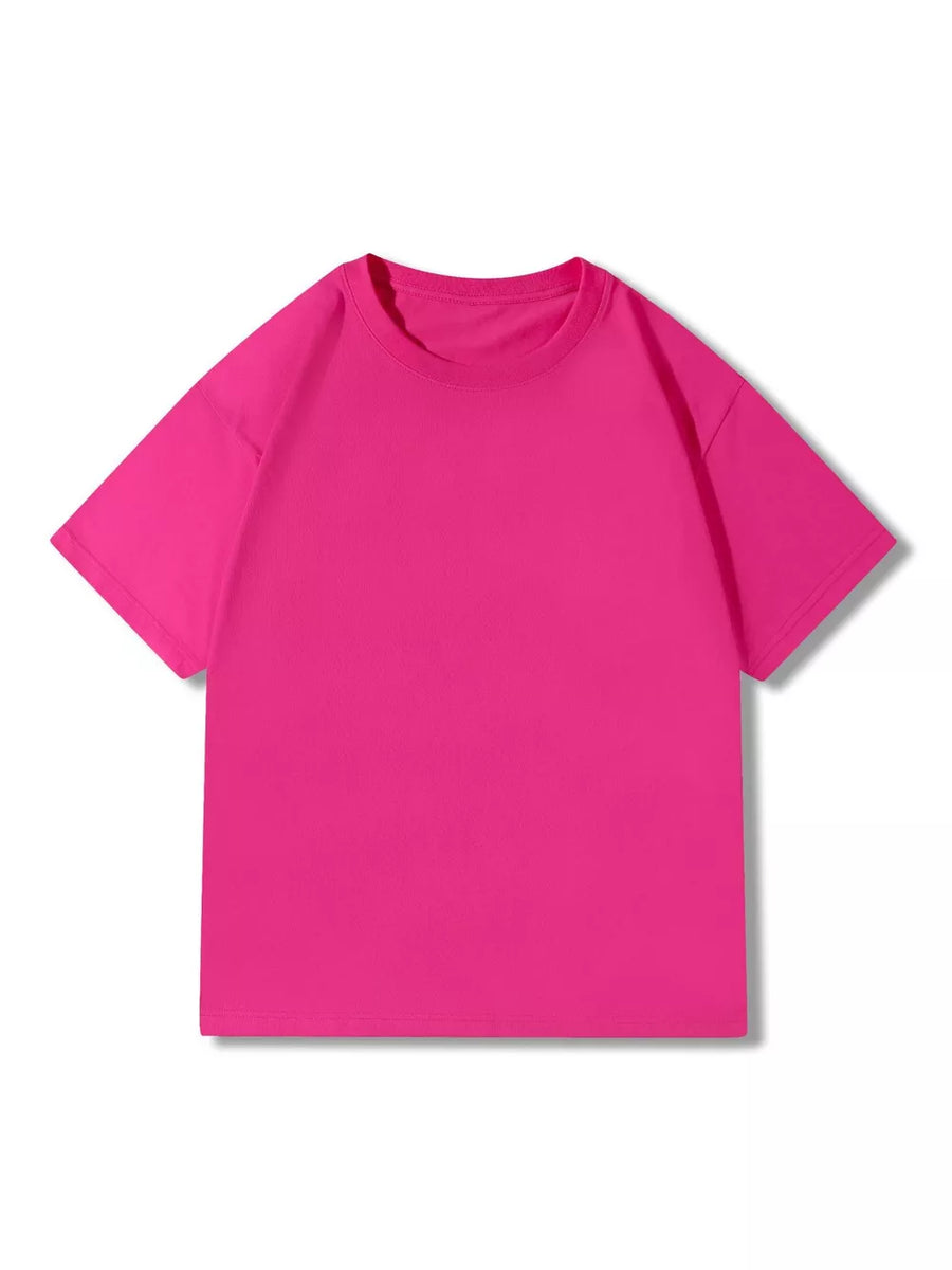 Fuchsia pink 100% cotton crew neck t-shirt with short sleeves.