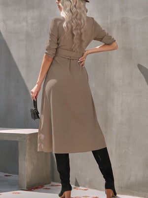Taupe belted midi dress with long sleeves